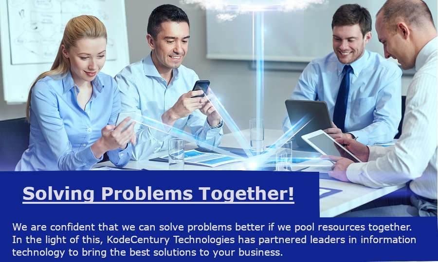 A team of working who are using various digital gadgets together to perform a task to demonstrate the values of KodeCentury Technologies